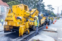 Caltrans using heavy equipment to resurface the existing asphalt pavement on Northbound 19th Avenue from Sloat Boulevard to Lincoln Way as work continues on the 19th Avenue Paving and Rehabilitation project.