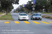 Cars at an intersection on 19th Avenue (State Route 1) as Caltrans is resurfacing the existing asphalt pavement on Northbound 19th Avenue from Sloat Boulevard to Lincoln Way as work continues on the19th Avenue Paving and Rehabilitation project.