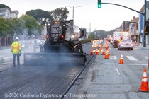 Caltrans using heavy equipment to resurface the existing asphalt pavement on Northbound 19th Avenue from Sloat Boulevard to Lincoln Way as work continues on the 19th Avenue Paving and Rehabilitation project.