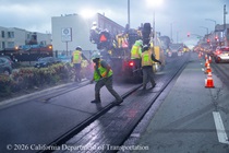 Caltrans using heavy equipment to resurface the existing asphalt pavement on Northbound 19th Avenue from Sloat Boulevard to Lincoln Way as work continues on the 19th Avenue Paving and Rehabilitation project.