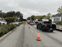 Cars traveling on 19th Avenue (State Route 1) as Caltrans is resurfacing the existing asphalt pavement on Northbound 19th Avenue from Sloat Boulevard to Lincoln Way as work continues on the19th Avenue Paving and Rehabilitation project.