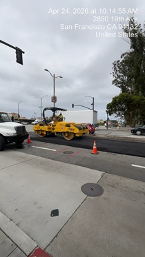 Caltrans using heavy equipment resurfacing the existing asphalt pavement on Northbound 19th Avenue from Sloat Boulevard to Lincoln Way as work continues on the 19th Avenue Paving and Rehabilitation project.