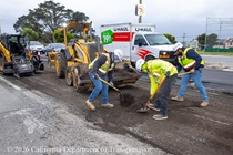 Caltrans workers using heavy equipment to prepare the resurface of SR-1 to replace the existing asphalt pavement on Northbound 19th Avenue from Sloat Boulevard to Lincoln Way as work continues on the 19th Avenue Paving and Rehabilitation project.