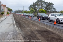 Cars traveling on resurfaced asphalt pavement on SR-1 as Caltrans prepares to resurface the second lane on Northbound 19th Avenue from Sloat Boulevard to Lincoln Way as work continues on the 19th Avenue Paving and Rehabilitation project.