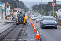 Cars traveling on newly resurfaced asphalt roadway on 19th Avenue (State Route 1) as Caltrans is resurfacing the second lane on Northbound 19th Avenue from Sloat Boulevard to Lincoln Way as work continues on the19th Avenue Paving and Rehabilitation project.