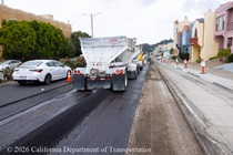 Cars traveling on newly resurfaced asphalt roadway on 19th Avenue (State Route 1) as Caltrans is resurfacing the second lane on Northbound 19th Avenue from Sloat Boulevard to Lincoln Way as work continues on the 19th Avenue Paving and Rehabilitation project.