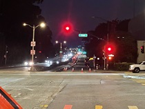 Lanes closed sign and cars on 19th Avenue (State Route 1) as Caltrans is resurfacing the existing asphalt pavement on Northbound 19th Avenue from Sloat Boulevard to Lincoln Way as work continues on the 19th Avenue Paving and Rehabilitation project.