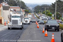 Cars traveling on newly paved asphalt on 19th Avenue (State Route 1) as Caltrans is resurfacing the existing asphalt pavement on Northbound 19th Avenue from Sloat Boulevard to Lincoln Way as work continues on the 19th Avenue Paving and Rehabilitation project.