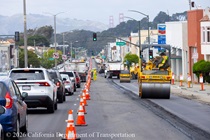 Cars traveling on new asphalt as Caltrans using heavy equipment continue the paving rehabilitation project on Northbound 19th Avenue from Sloat Boulevard to Lincoln Way as work continues on the 19th Avenue Paving and Rehabilitation project.