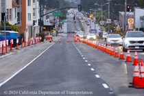 Cars traveling on newly resurfaced asphalt roadway on 19th Avenue (State Route 1) as Caltrans is finishing up resurfacing and striping the new asphalt pavement on Northbound 19th Avenue from Sloat Boulevard to Lincoln Way as work continues on the 19th Avenue Paving and Rehabilitation project.