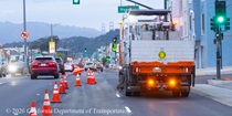 Cars traveling on newly resurfaced asphalt roadway on 19th Avenue (State Route 1) as Caltrans is finishing up resurfacing and striping the new asphalt pavement on Northbound 19th Avenue from Sloat Boulevard to Lincoln Way as work continues on the 19th Avenue Paving and Rehabilitation project.
