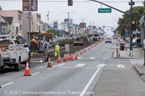 Caltrans using heavy equipment to prepare and resurface the existing asphalt pavement on Southbound 19th Avenue from Lincoln Way to Sloat Boulevard as work continues on the second of three weekend closures for 19th Avenue (State Route 1) Rehabilitation Project in City of San Francisco.