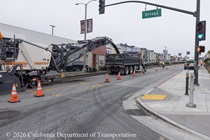 Caltrans using heavy equipment to prepare and resurface the existing asphalt pavement on Southbound 19th Avenue from Lincoln Way to Sloat Boulevard as work continues on the second of three weekend closures for 19th Avenue (State Route 1) Rehabilitation Project in City of San Francisco.
