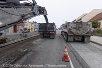 Caltrans using heavy equipment to prepare and resurface the existing asphalt pavement on Southbound 19th Avenue from Lincoln Way to Sloat Boulevard as work continues on the second of three weekend closures for 19th Avenue (State Route 1) Rehabilitation Project in City of San Francisco.