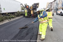 Caltrans crew resurfacing the existing asphalt pavement on Southbound 19th Avenue from Lincoln Way to Sloat Boulevard as work continues on the second of three weekend closures for 19th Avenue (State Route 1) Rehabilitation Project in City of San Francisco.