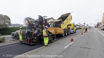 Caltrans using heavy equipment to prepare and resurface the existing asphalt pavement on Southbound 19th Avenue from Lincoln Way to Sloat Boulevard as work continues on the second of three weekend closures for 19th Avenue (State Route 1) Rehabilitation Project in City of San Francisco.