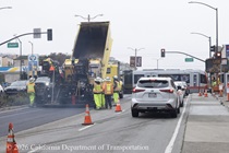 Cars traveling on 19th Avenue (State Route 1) as Caltrans is using heavy equipment to resurface the existing asphalt pavement on Southbound 19th Avenue from Lincoln Way to Sloat Boulevard as work continues on the 19th Avenue Paving and Rehabilitation project.