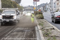 Cars traveling on 19th Avenue (State Route 1) as Caltrans is using heavy equipment to resurface the existing asphalt pavement on Southbound 19th Avenue from Lincoln Way to Sloat Boulevard as work continues on the 19th Avenue Paving and Rehabilitation project.