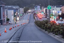 New pavement on Lane 1 of southbound Highway 1 (19th Avenue) in San Francisco on the evening on May 8, 2026. Cones separate Lane 3 from the construction and is available for traffic.