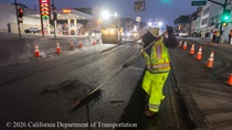 Caltrans crewmember works on the repaving of State Route 1 (19th Avenue) at the intersection with Pacheco Street on the evening of May 8, 2026.
