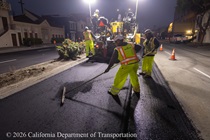 Caltrans crew applies new pavement to Lane 1 of southbound Highway 1 (19th Avenue) in San Francisco on the evening on May 8, 2026.