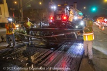 Caltrans crewmembers prepare the roadway for repaving on southbound Highway 1 (19th Avenue) at the intersection with Vicente Street as work continues on the 19th Avenue Paving and Rehabilitation project on the evening of May 8, 2026.