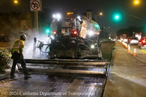 Caltrans crewmembers prepare the roadway for repaving on southbound Highway 1 (19th Avenue) at the intersection with Vicente Street as work continues on the 19th Avenue Paving and Rehabilitation project on the evening of May 8, 2026.