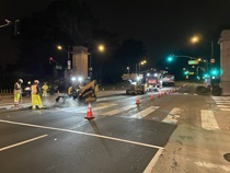 Caltrans crew using heavy equipment to prepare and resurface the existing asphalt pavement on Southbound 19th Avenue from Lincoln Way to Sloat Boulevard as work continues on the second of three weekend closures for 19th Avenue (State Route 1) Rehabilitation Project in City of San Francisco.