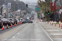 Traffic travels in the left lane of southbound 19th Avenue (State Route 1) in San Francisco on May 9, 2026. A car makes a right turn onto Santiago Street.
