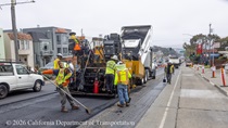 Caltrans crew uses heavy equipment and other tools to repave southbound 19th Avenue (State Route 1) on May 9, 2026.