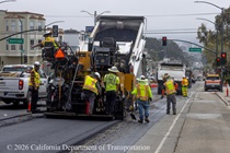 Caltrans crew uses a paving machine to resurface the roadway on 19th Avenue (State Route 1) on May 9, 2026.