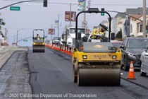 Caltrans uses heavy equipment to smooth the new asphalt on 19th Avenue (State Route 1) on May 9, 2026.