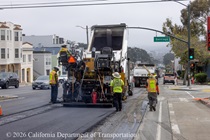 A Caltrans crew uses heavy equipment to repave a lane of southbound 19th Avenue (State Route 1) on May 9, 2026.