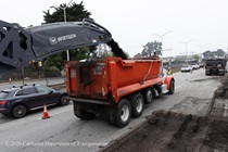 Cars traveling on 19th Avenue (State Route 1) as Caltrans is using heavy equipment to resurface the existing asphalt pavement on Southbound/Northbound 19th Avenue from Sloat Boulevard to Holloway Avenue as work continues on the third of three weekend closures for the 19th Avenue Rehabilitation Project.