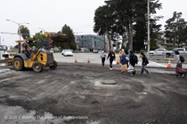 Pedestrians crossing an intersection on 19th Avenue (State Route 1) as Caltrans is using heavy equipment to resurface the existing asphalt pavement on Southbound/Northbound 19th Avenue from Sloat Boulevard to Holloway Avenue as work continues on the third of three weekend closures for the 19th Avenue Rehabilitation Project.