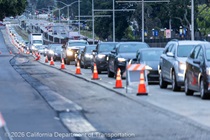 Cars traveling on 19th Avenue (State Route 1) as Caltrans is resurfacing the existing asphalt pavement on Southbound/Northbound 19th Avenue from Sloat Boulevard to Holloway Avenue as work continues on the third of three weekend closures for the 19th Avenue Rehabilitation Project.
