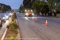 Cars traveling on 19th Avenue (State Route 1) as Caltrans is placing cones preparing to resurface the existing asphalt pavement on Southbound/Northbound 19th Avenue from Sloat Boulevard to Holloway Avenue as work continues on the third of three weekend closures for the 19th Avenue Rehabilitation Project.