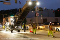 Caltrans using heavy equipment to prepare and resurface the existing asphalt pavement on Southbound/Northbound 19th Avenue from Sloat Boulevard to Holloway Avenue as work continues on the third of three weekend closures for the 19th Avenue Rehabilitation Project.