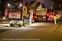 Caltrans workers using heavy equipment to prepare the resurface of SR-1 to replace the existing asphalt pavement on Southbound/Northbound 19th Avenue from Sloat Boulevard to Holloway Avenue as work continues on the third of three weekend closures for the 19th Avenue Rehabilitation Project.