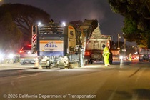 Caltrans workers using heavy equipment to prepare the resurface of SR-1 to replace the existing asphalt pavement on Southbound/Northbound 19th Avenue from Sloat Boulevard to Holloway Avenue as work continues on the third of three weekend closures for the 19th Avenue Rehabilitation Project.