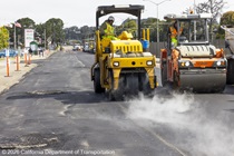 Caltrans crew using heavy equipment to prepare and resurface the existing asphalt pavement on Southbound/Northbound 19th Avenue from Sloat Boulevard to Holloway Avenue as work continues on the third of three weekend closures for the 19th Avenue Rehabilitation Project.