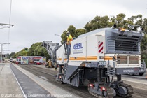 Caltrans using heavy equipment to prepare and resurface the existing asphalt pavement on Southbound/Northbound 19th Avenue from Sloat Boulevard to Holloway Avenue as work continues on the third of three weekend closures for the 19th Avenue Rehabilitation Project.