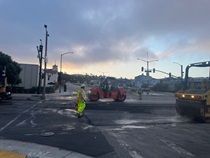 Caltrans using heavy equipment to prepare and resurface the existing asphalt pavement on Southbound/Northbound 19th Avenue from Sloat Boulevard to Holloway Avenue as work continues on the third of three weekend closures for the 19th Avenue Rehabilitation Project.