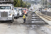 Caltrans workers walking along and  prepping the surface of the asphalt on Southbound/Northbound 19th Avenue from Sloat Boulevard to Holloway Avenue as work continues on the third of three weekend closures for the 19th Avenue Rehabilitation Project.