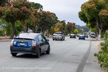 Cars traveling on 19th Avenue (State Route 1) as Caltrans is resurfacing the existing asphalt pavement on Southbound/Northbound 19th Avenue from Sloat Boulevard to Holloway Avenue as work continues on the third of three weekend closures for the 19th Avenue Rehabilitation Project.