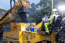 Caltrans crew using heavy equipment to prepare and resurface the existing asphalt pavement on Southbound/Northbound 19th Avenue from Sloat Boulevard to Holloway Avenue as work continues on the third of three weekend closures for the 19th Avenue Rehabilitation Project.