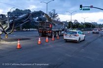 Cars traveling on new asphalt on 19th Avenue (State Route 1) as Caltrans is resurfacing the existing asphalt pavement on Southbound/Northbound 19th Avenue from Sloat Boulevard to Holloway Avenue as work continues on the third of three weekend closures for the 19th Avenue Rehabilitation Project.