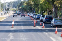 Cars traveling on newly resurfaced asphalt on 19th Avenue (State Route 1) as Caltrans continues resurfacing the existing asphalt pavement on Southbound/Northbound 19th Avenue from Sloat Boulevard to Holloway Avenue as work continues on the third of three weekend closures for the 19th Avenue Rehabilitation Project.