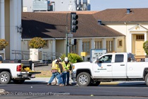 Caltrans workers prepping the surface of the asphalt on Southbound/Northbound 19th Avenue from Sloat Boulevard to Holloway Avenue as work continues on the third of three weekend closures for the 19th Avenue Rehabilitation Project.
