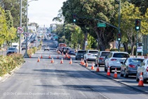 Cars traveling on newly resurfaced asphalt on 19th Avenue (State Route 1) as Caltrans continues resurfacing the existing asphalt pavement on Southbound/Northbound 19th Avenue from Sloat Boulevard to Holloway Avenue as work continues on the third of three weekend closures for the 19th Avenue Rehabilitation Project.